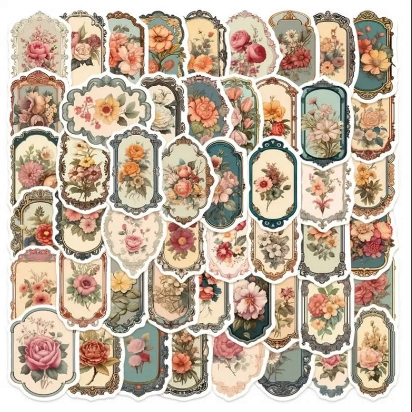 50 autocollants vintage FLEURS